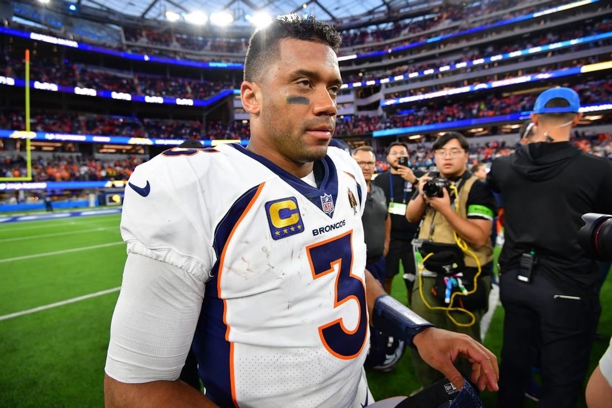 Dec 10, 2023; Inglewood, California, USA;  Denver Broncos quarterback Russell Wilson (3) reacts following the victory against the Los Angeles Chargers at SoFi Stadium.