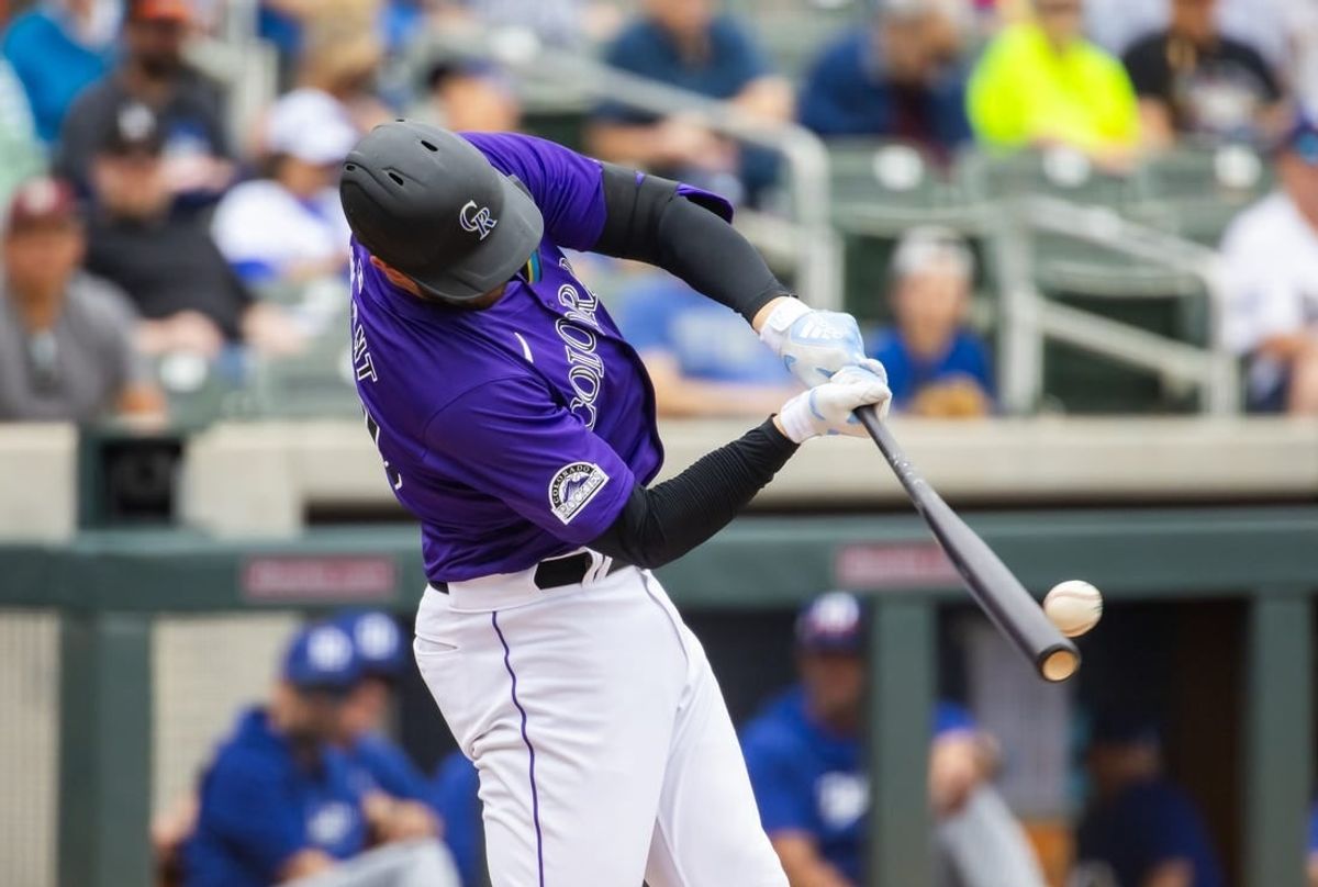 Feb 26, 2024; Salt River Pima-Maricopa, Arizona, USA; Colorado Rockies first baseman Kris Bryant against the Los Angeles Dodgers during a spring training game at Salt River Fields at Talking Stick.