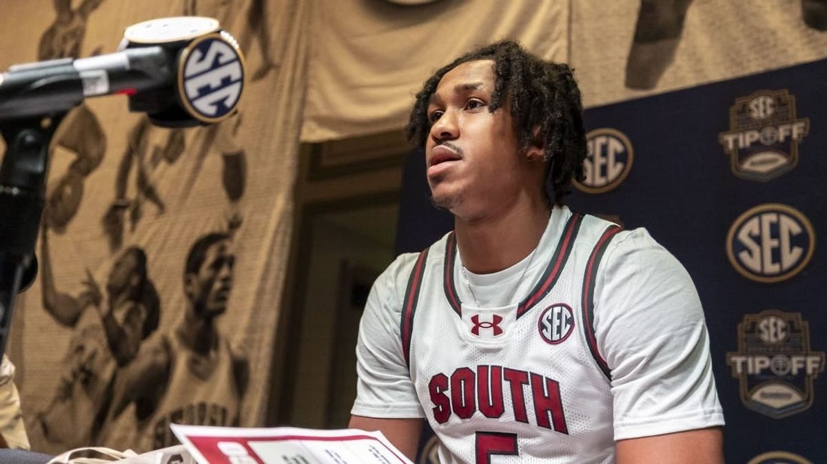 Oct 18, 2023; Brimingham, AL, USA; South Carolina Gamecocks guard Meechie Johnson talks with the media during the SEC Basketball Tipoff at Grand Bohemian Hotel Mountain Brook.
