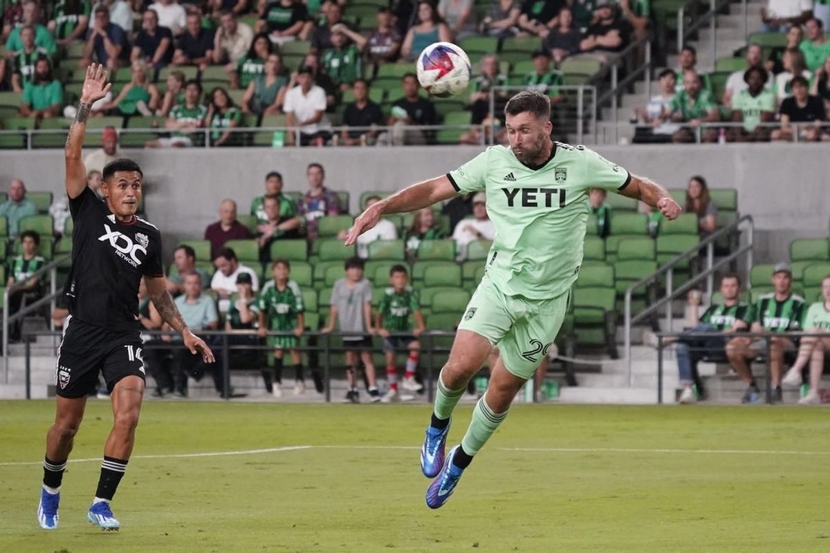 Oct 4, 2023; Austin, Texas, USA; Austin FC forward Will Bruin (29) heads the ball to score a goal against D.C. United in the first half at Q2 Stadium.