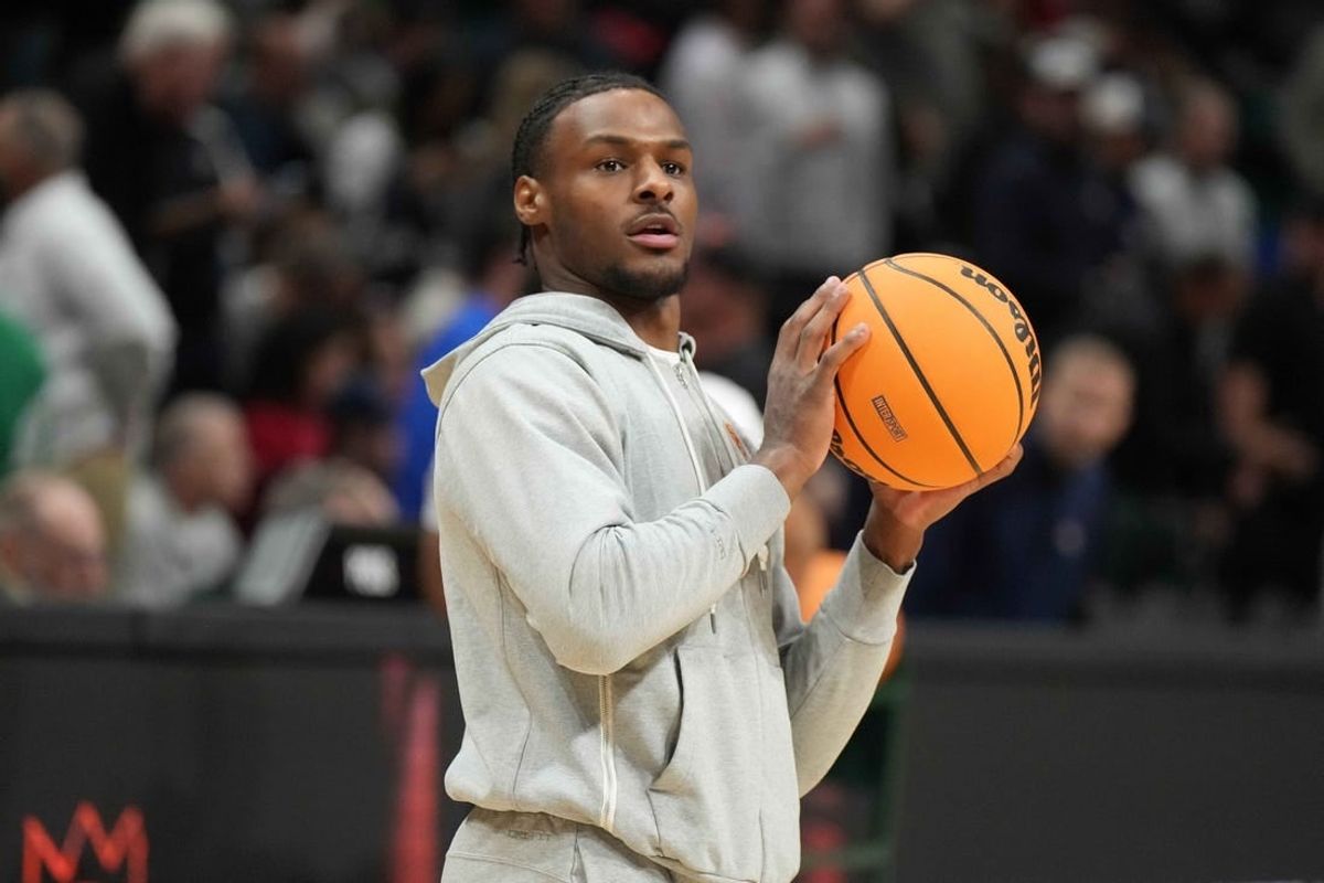 Dec 2, 2023; Las Vegas, Nevada, USA; Southern California Trojans guard Bronny James reacts during the Legends of Basketball Las Vegas Invitational against the Gonzaga Bulldogs at MGM Grand Garden Arena.