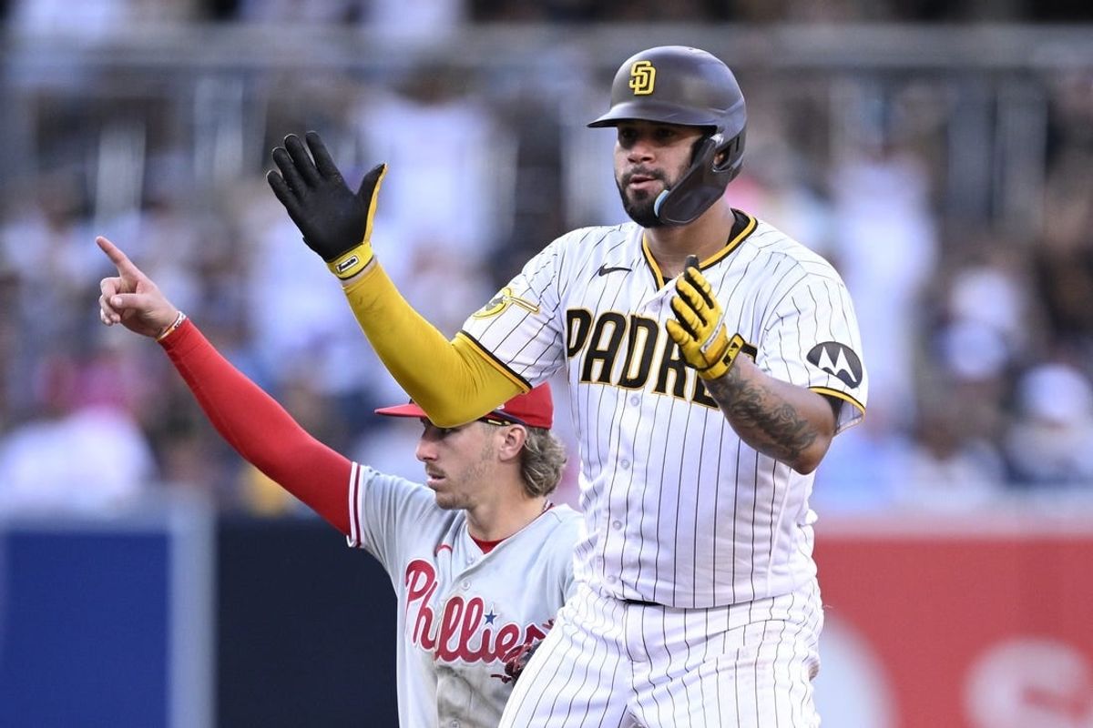 Sep 4, 2023; San Diego, California, USA; San Diego Padres catcher Gary Sanchez (99) celebrates after hitting an RBI double against the Philadelphia Phillies during the seventh inning at Petco Park.