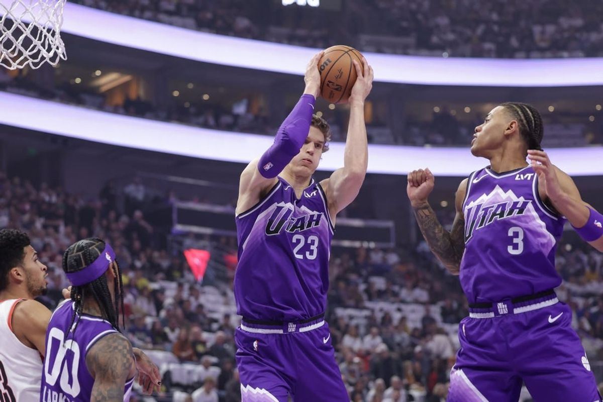 Nov 14, 2023; Salt Lake City, Utah, USA; Utah Jazz forward Lauri Markkanen (23) grabs the rebound during the first quarter against the Portland Trail Blazers at Delta Center.