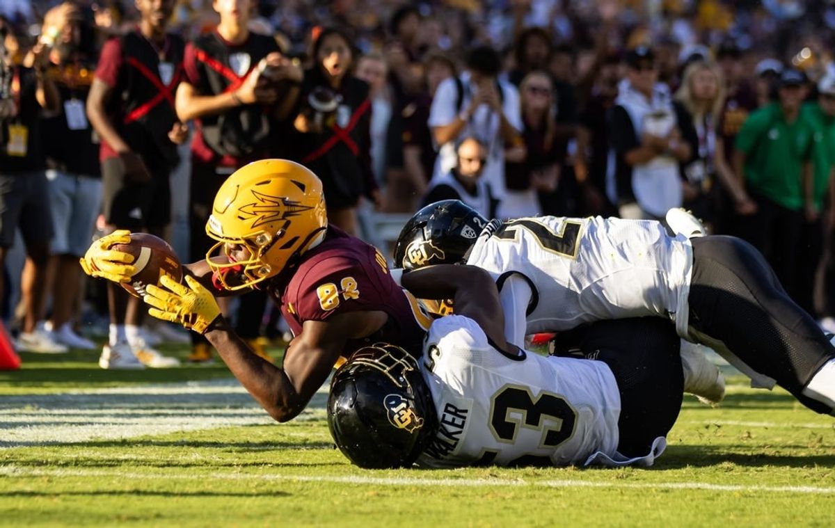 Oct 7, 2023; Tempe, Arizona, USA; Arizona State Sun Devils wide receiver Andre Johnson (82) dives towards the goal line against the Colorado Buffaloes in the first half at Mountain America Stadium.