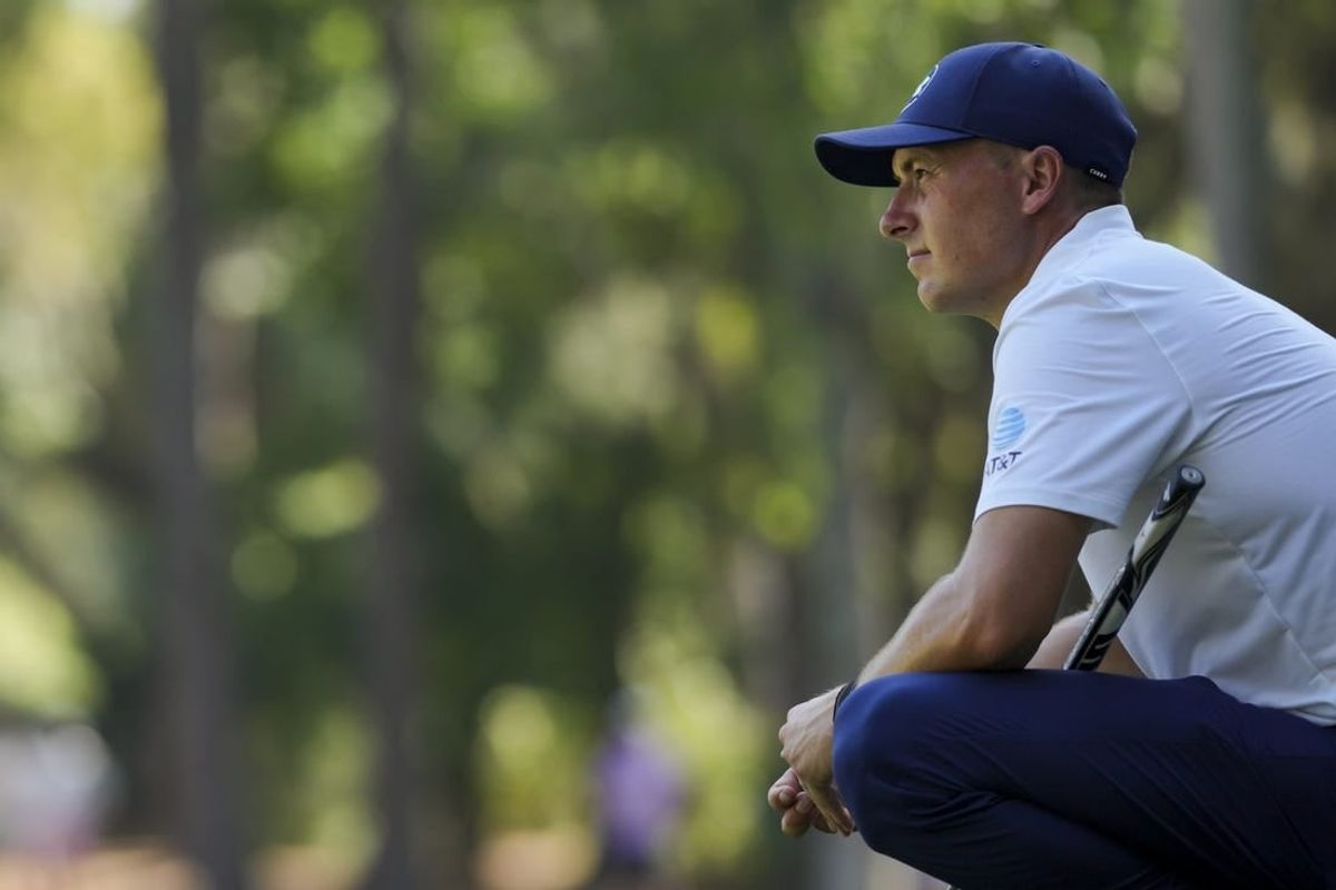Apr 19, 2024; Hilton Head, South Carolina, USA; Jordan Spieth waits to putt on the 15th green during the second round of the RBC Heritage golf tournament.