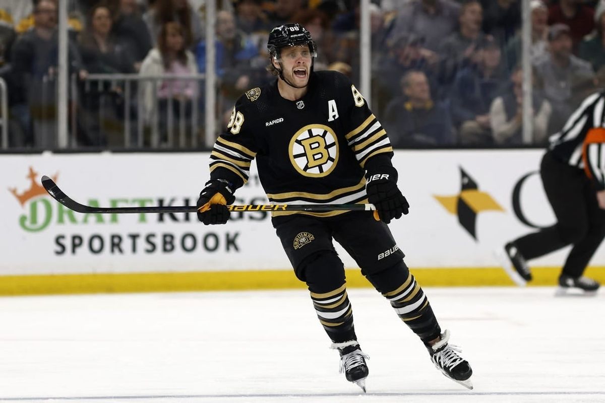 Dec 19, 2023; Boston, Massachusetts, USA; Boston Bruins right wing David Pastrnak (88) skates against the Minnesota Wild during the first period at TD Garden.