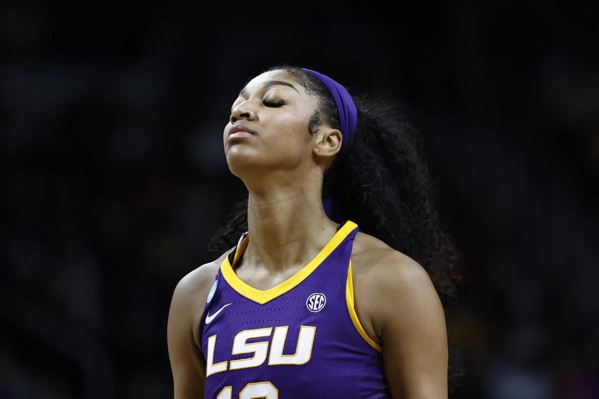 Apr 1, 2024; Albany, NY, USA; LSU Lady Tigers forward Angel Reese (10) reacts in the fourth quarter against the Iowa Hawkeyes in the finals of the Albany Regional in the 2024 NCAA Tournament at MVP Arena.