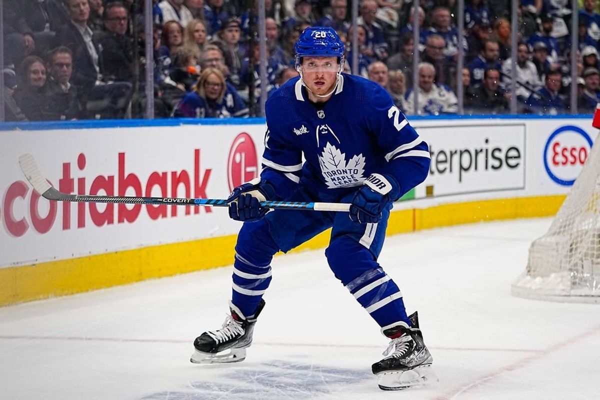 May 4, 2023; Toronto, Ontario, CANADA; Toronto Maple Leafs forward Sam Lafferty (28) looks for the puck against the Florida Panthers during game two of the second round of the 2023 Stanley Cup Playoffs at Scotiabank Arena.
