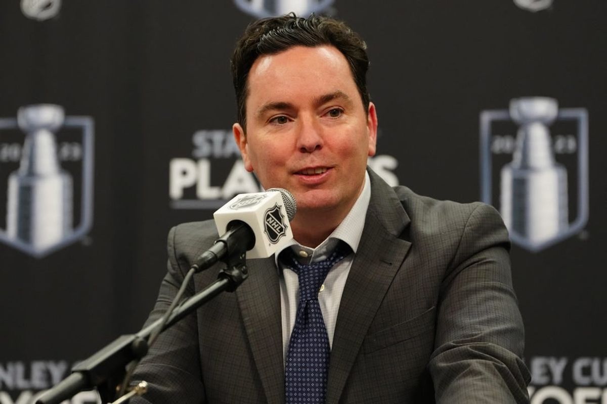 May 6, 2023; Las Vegas, Nevada, USA; Edmonton Oilers head coach Jay Woodcroft fields questions in a press conference after the Oilers defeated the Vegas Golden Knights in game two of the second round of the 2023 Stanley Cup Playoffs at T-Mobile Arena.