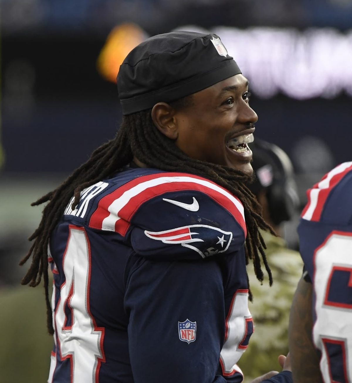 Nov 14, 2021; New England Patriots outside linebacker Dont'a Hightower (54) laughs on the sidelines during the second half against the Cleveland Browns at Gillette Stadium. Foxborough, Massachusetts, USA;