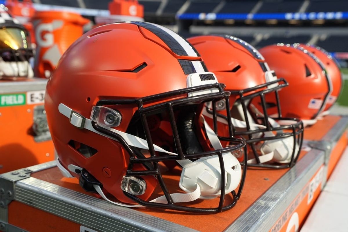 Dec 3, 2023; Inglewood, California, USA; Riddell speedflex Cleveland Browns helmets on the sidelines at SoFi Stadium.