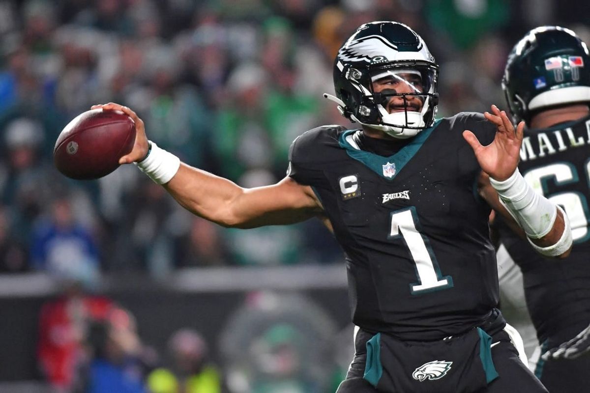 Dec 25, 2023; Philadelphia, Pennsylvania, USA; Philadelphia Eagles quarterback Jalen Hurts (1) throws a pass during the fourth quarter against the New York Giants at Lincoln Financial Field.