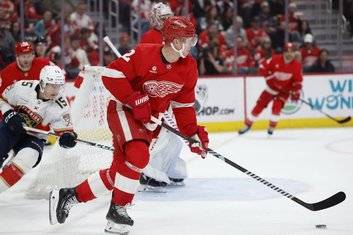 Mar 2, 2024; Detroit, Michigan, USA; Detroit Red Wings defenseman Olli Maatta (2) skates with the puck in the third period against the Florida Panthers at Little Caesars Arena.