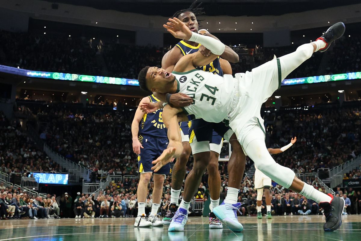 Giannis Antetokuonmpo was upended en route to 64 points.