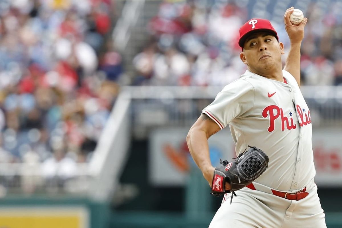 Apr 6, 2024; Washington, District of Columbia, USA; Philadelphia Phillies pitcher Ranger Suarez (55) pitches against the Washington Nationals during the second inning at Nationals Park.