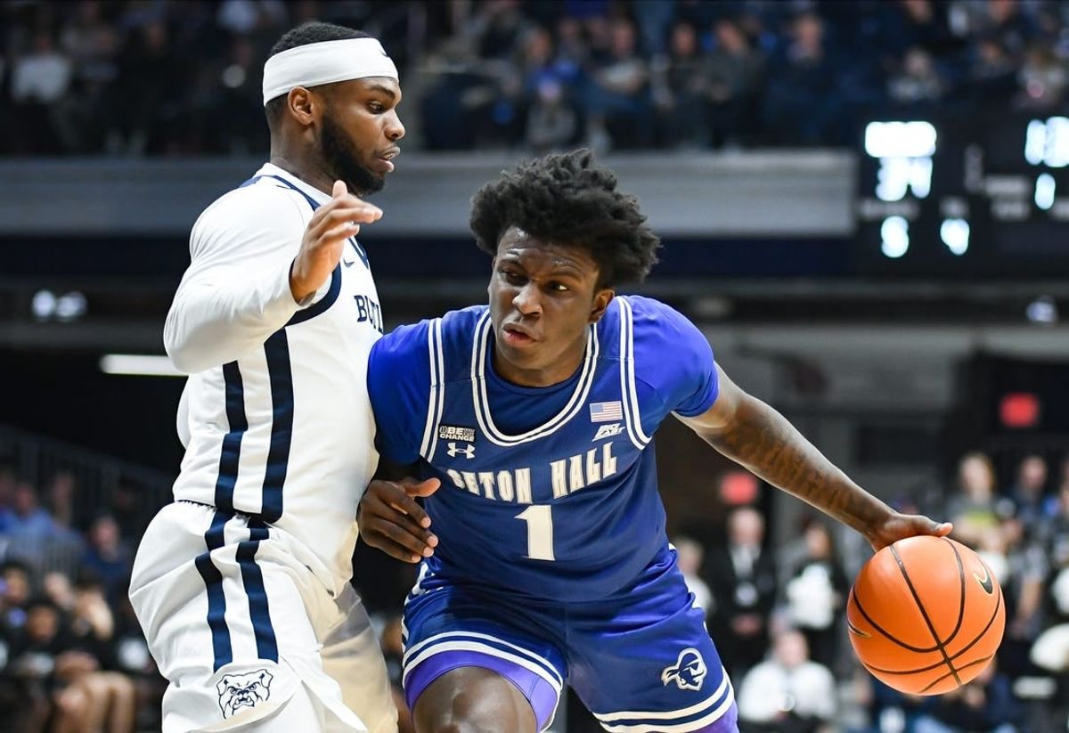 Jan 13, 2024; Indianapolis, Indiana, USA;  Seton Hall Pirates guard Kadary Richmond (1) dribbles the ball against Butler Bulldogs guard Posh Alexander (left) during the first half at Hinkle Fieldhouse.
