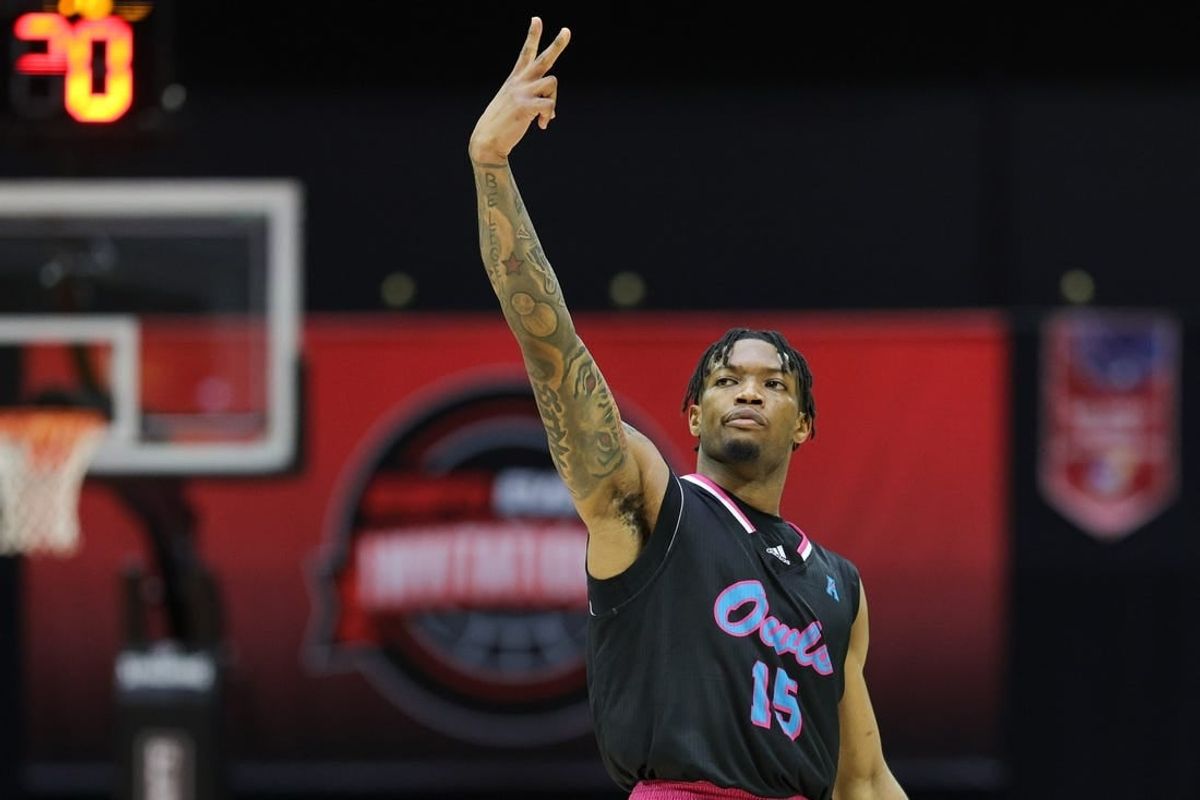 Nov 26, 2023; Kissimmee, FL, USA;  Florida Atlantic Owls guard Alijah Martin (15) reacts after making a basket against the Virginia Tech Hokies in the second half during the ESPN Events Invitational Championship game at State Farm Field House.