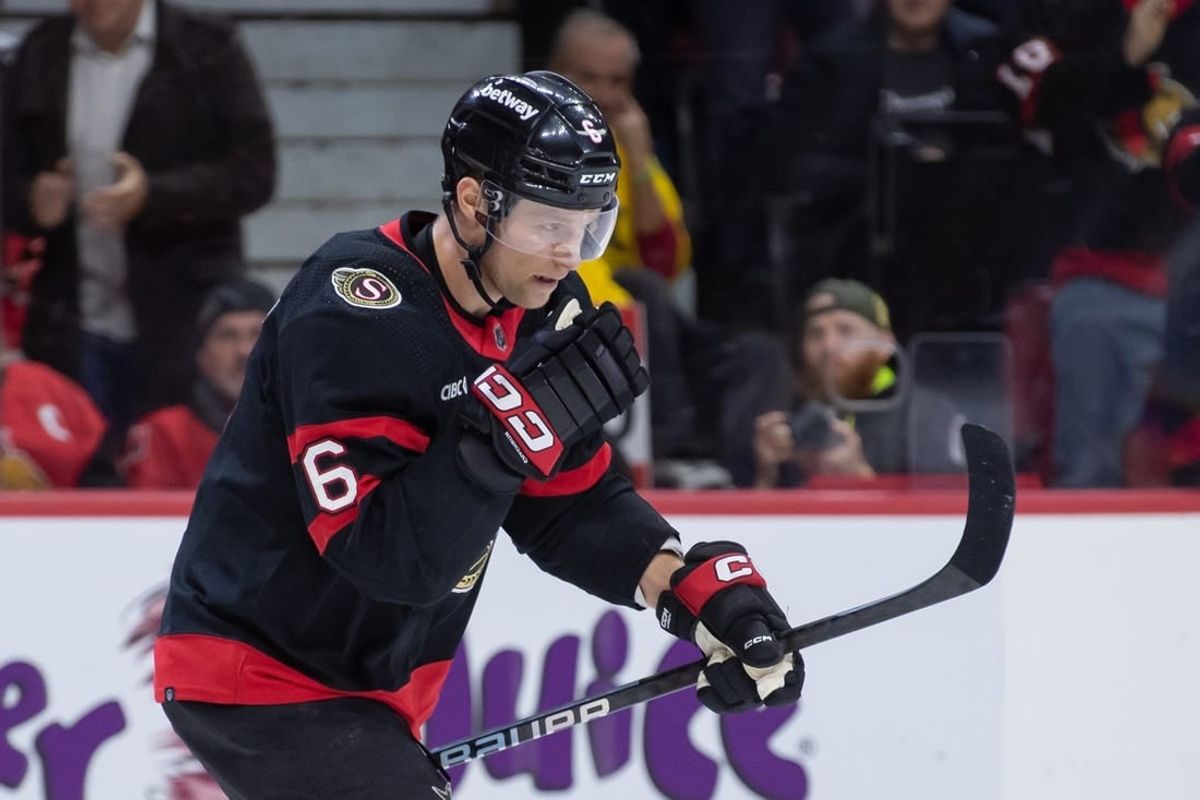 Dec 31, 2023; Ottawa, Ontario, CAN; Ottawa Senators defenseman Jakob Chychrun (6) skates to the bench after scoring a goal in the first period against the Buffalo Sabres at the Canadian Tire Centre.