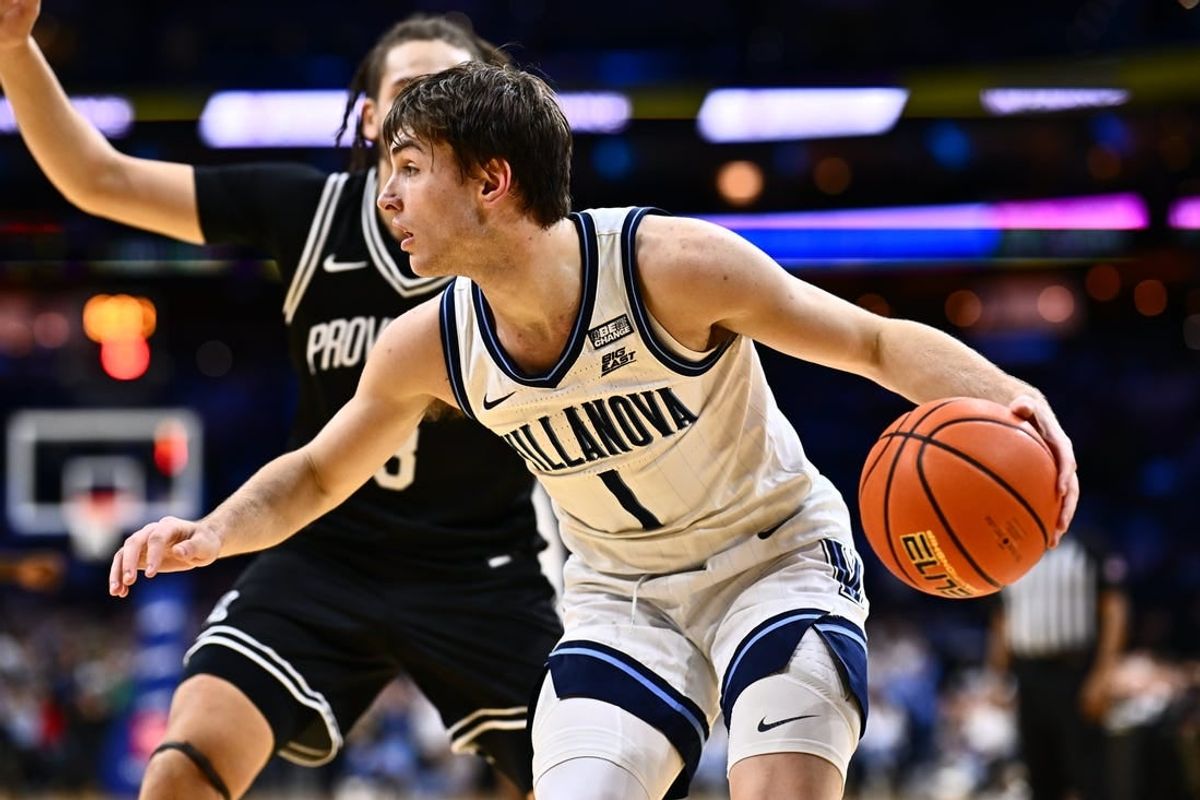 Feb 4, 2024; Philadelphia, Pennsylvania, USA; Villanova Wildcats guard Brendan Hausen (1) controls the ball against the Providence Friars in the second half at Wells Fargo Center.