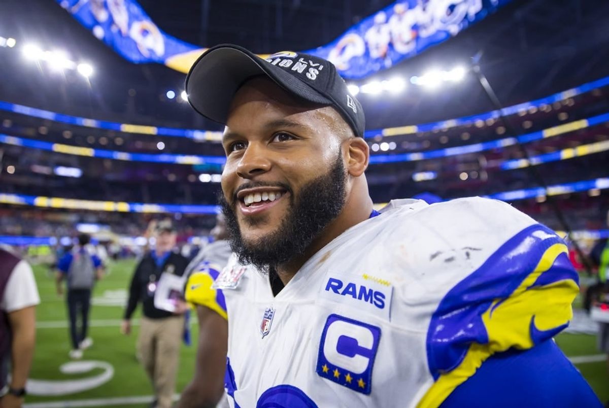 Feb 13, 2022; Inglewood, CA, USA; Los Angeles Rams defensive tackle Aaron Donald (99) celebrates after defeating the Cincinnati Bengals during Super Bowl LVI at SoFi Stadium.
