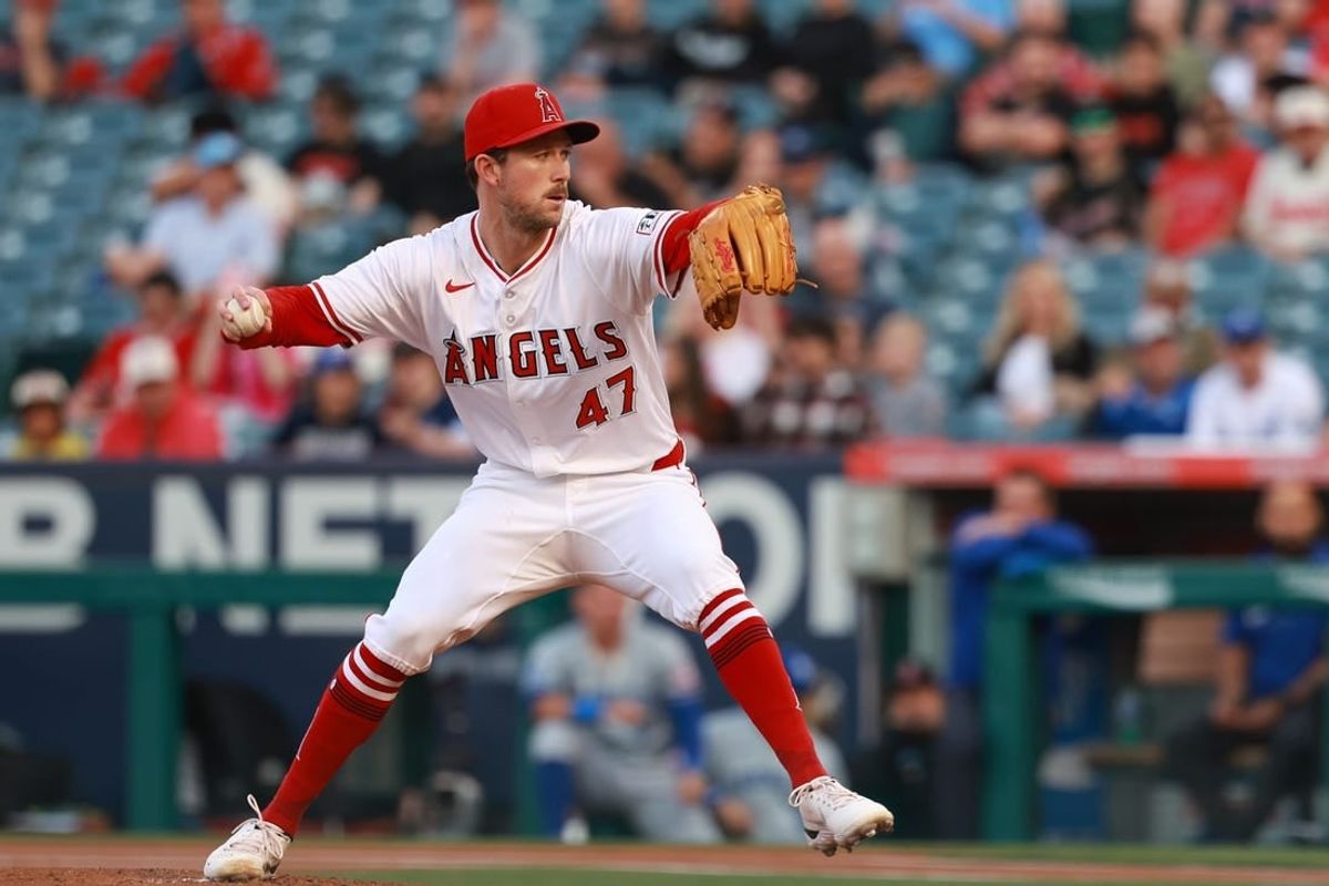 May 10, 2024; Anaheim, California, USA;  Los Angeles Angels pitcher Griffin Canning (47) pitches during the first inning against the Kansas City Royals at Angel Stadium.