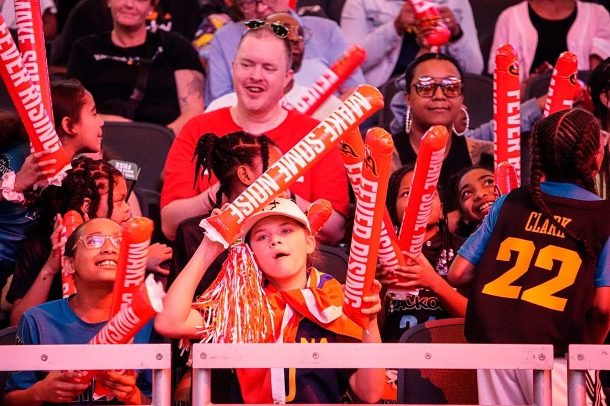 Indiana Fever fans celebrate the No. 1 overall pick of Caitlin Clark, during Indiana Fever draft party on Monday, April 15, 2024, at Gainbridge Fieldhouse in Indianapolis.