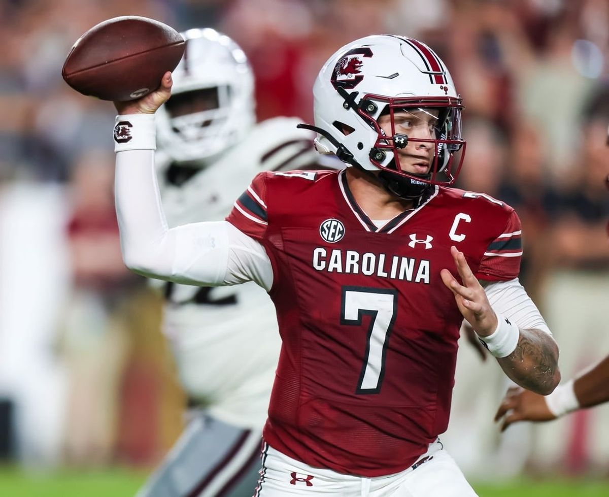Sep 23, 2023; Columbia, South Carolina, USA; South Carolina Gamecocks quarterback Spencer Rattler (7) passes against the Mississippi State Bulldogs in the second quarter at Williams-Brice Stadium.