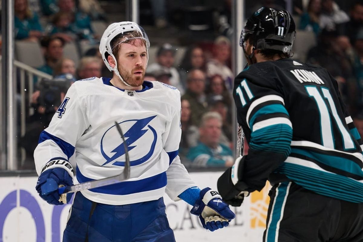 Mar 21, 2024; San Jose, California, USA; Tampa Bay Lightning defenseman Calvin de Haan (44) reacts after a high sticking call against San Jose Sharks defenseman Nikolai Knyzhov (71) during the first period at SAP Center at San Jose.