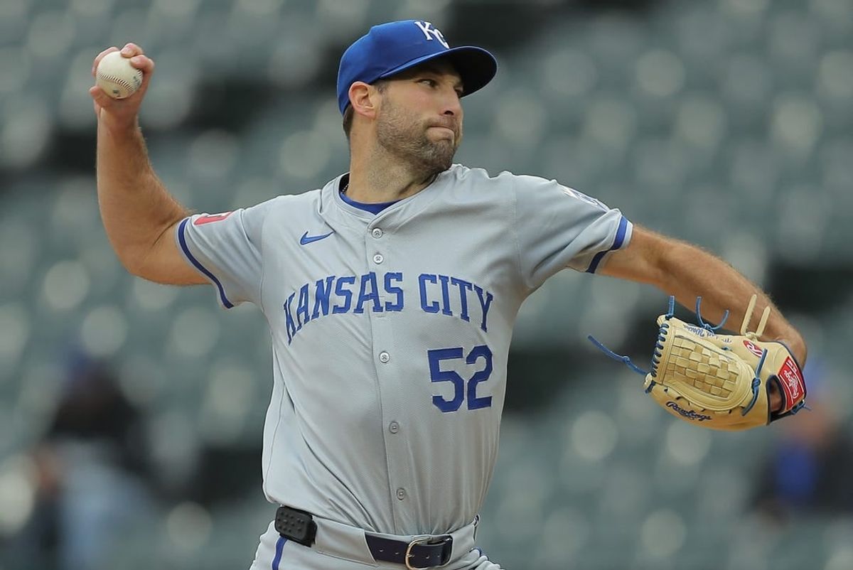 Apr 17, 2024; Chicago, Illinois, USA; Kansas City Royals starting pitcher Michael Wacha (52) throws the ball in the first inning during game two of a double header against the Chicago White Sox at Guaranteed Rate Field.