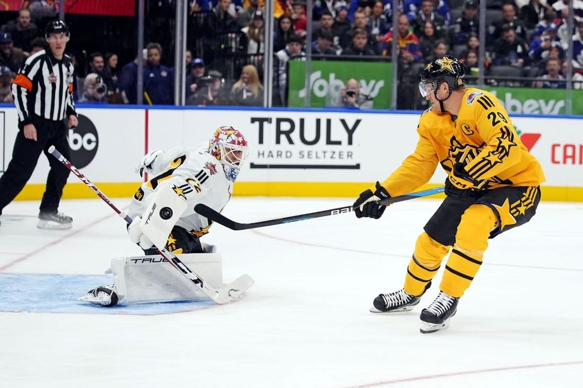Feb 3, 2024; Toronto, Ontario, CAN; Team MacKinnon center Nathan MacKinnon (29) of the Colorado Avalanche shoots the puck against Team McDavid goalkeeper Sergei Bobrovsky (72) of the Florida Panthers in the 2024 NHL All-Star Game at Scotiabank Arena.