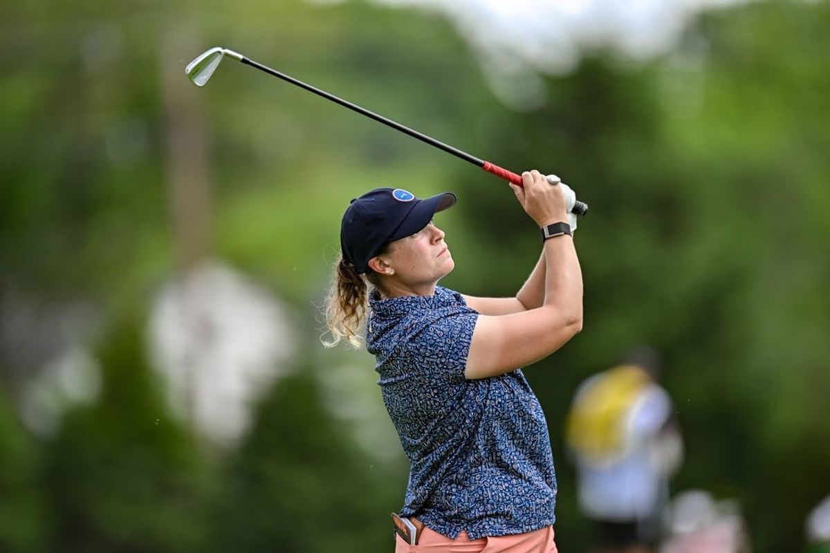 Jun 24, 2023; Springfield, New Jersey, USA; Lauren Coughlin tees off on the 4th hole during the third round of the KPMG Women's PGA Championship golf tournament.