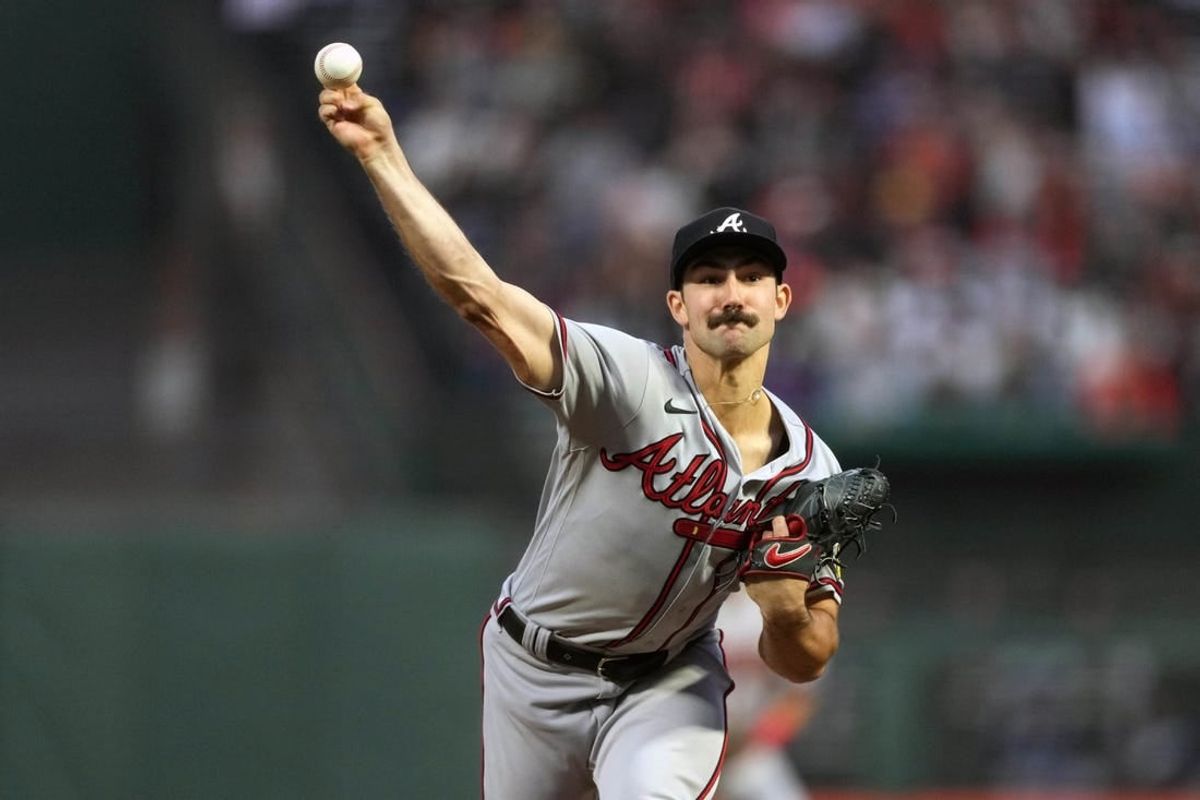 Aug 25, 2023; San Francisco, California, USA; Atlanta Braves starting pitcher Spencer Strider (99) throws a pitch against the San Francisco Giants during the third inning at Oracle Park.