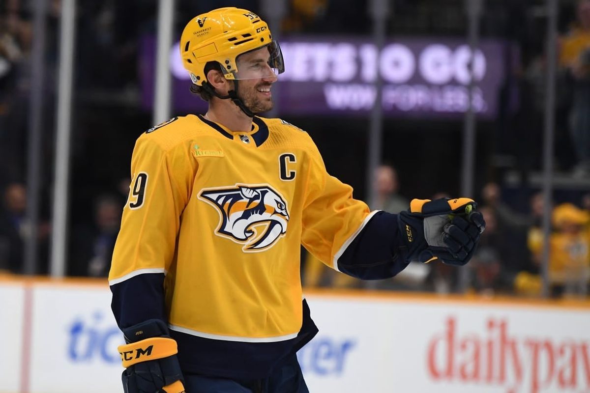 Mar 19, 2024; Nashville, Tennessee, USA; Nashville Predators defenseman Roman Josi (59) celebrates after scoring during the first period against the San Jose Sharks at Bridgestone Arena.