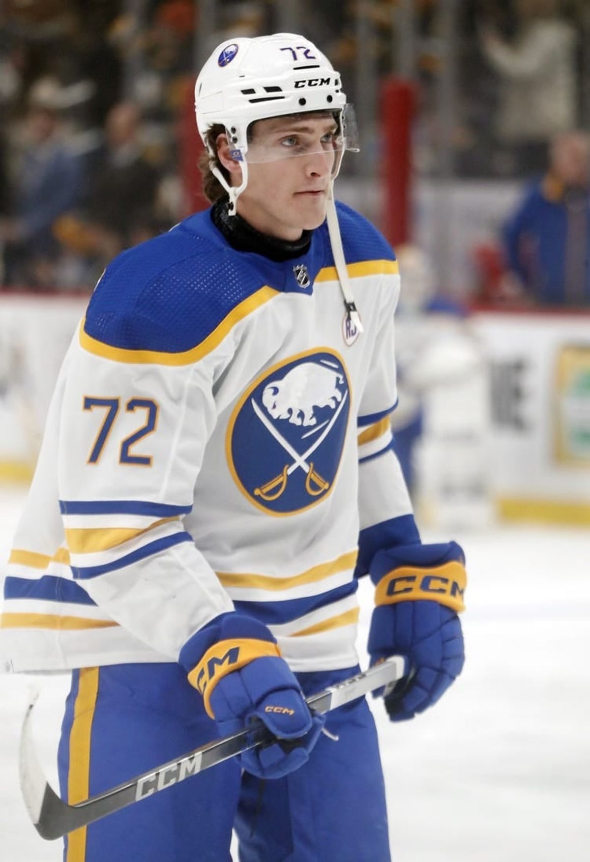 Jan 6, 2024; Pittsburgh, Pennsylvania, USA;  Buffalo Sabres right wing Tage Thompson (72) warms up before the game against the Pittsburgh Penguins at PPG Paints Arena.