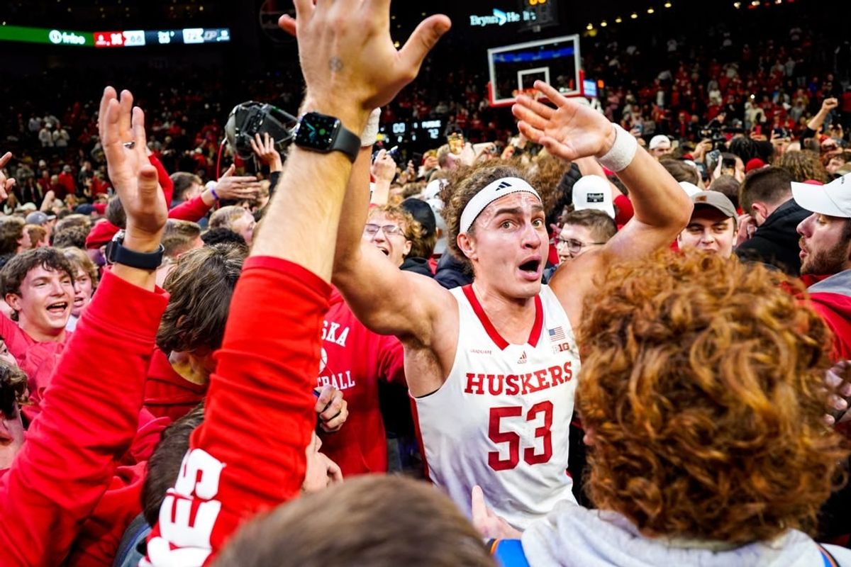 Jan 9, 2024; Lincoln, Nebraska, USA; The Nebraska Cornhuskers celebrate after defeating the Purdue Boilermakers at Pinnacle Bank Arena.