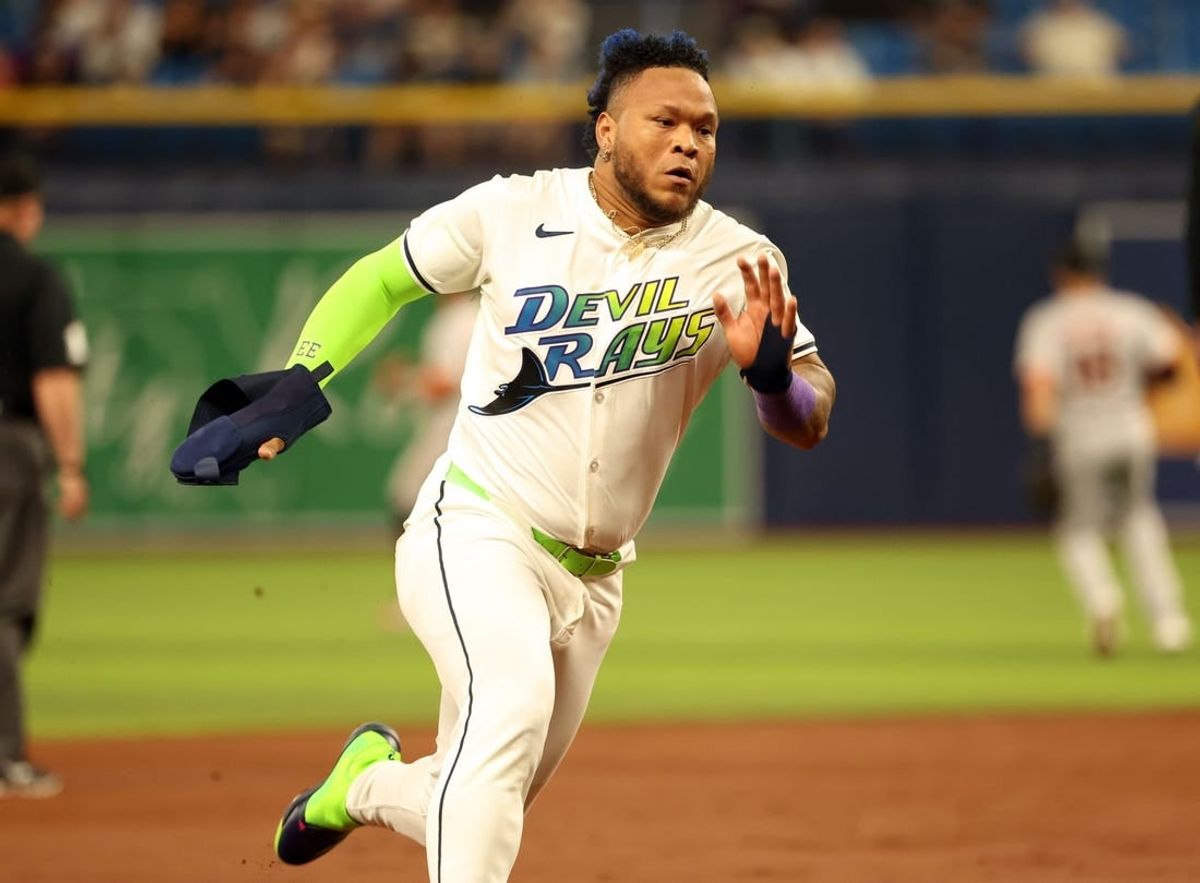 Apr 12, 2024; St. Petersburg, Florida, USA; Tampa Bay Rays outfield Harold Ramírez (43) runs home to score run during the third inning against the San Francisco Giants at Tropicana Field.