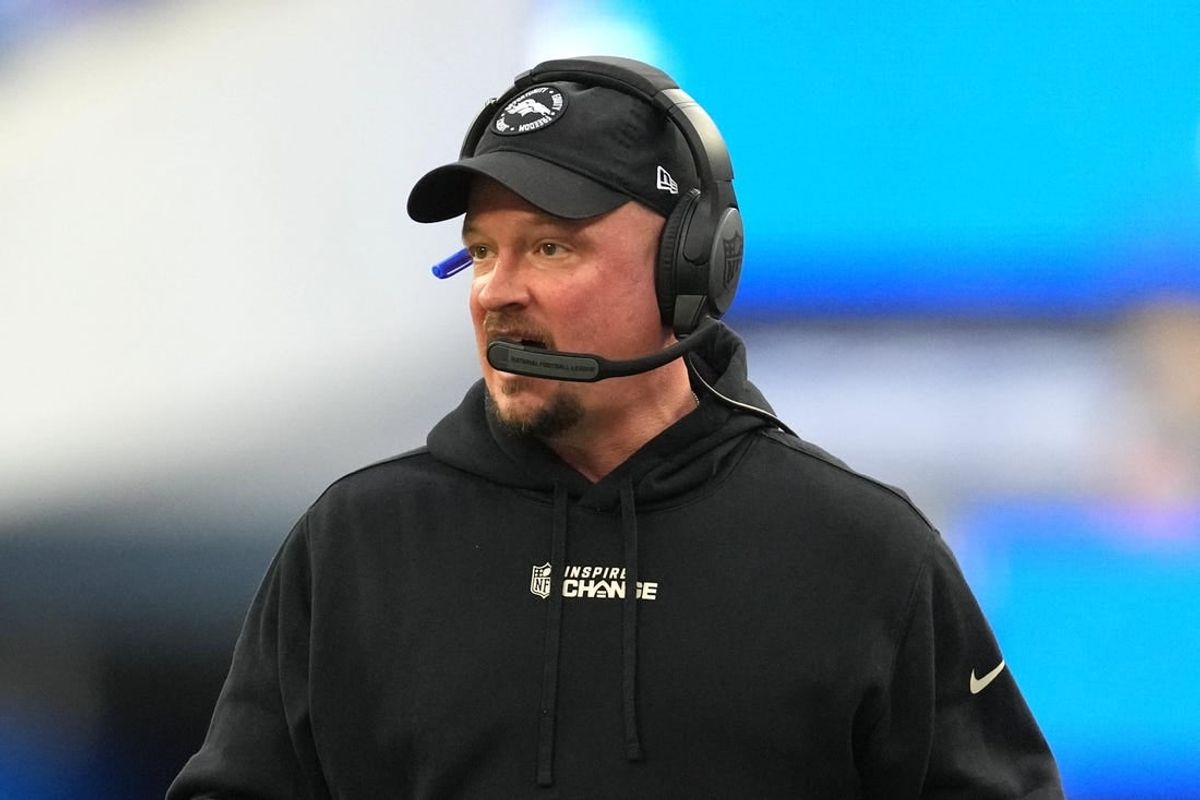 Dec 25, 2022; Inglewood, California, USA; Denver Broncos head coach Nathaniel Hackett reacts in the first half against the Los Angeles Rams at SoFi Stadium.