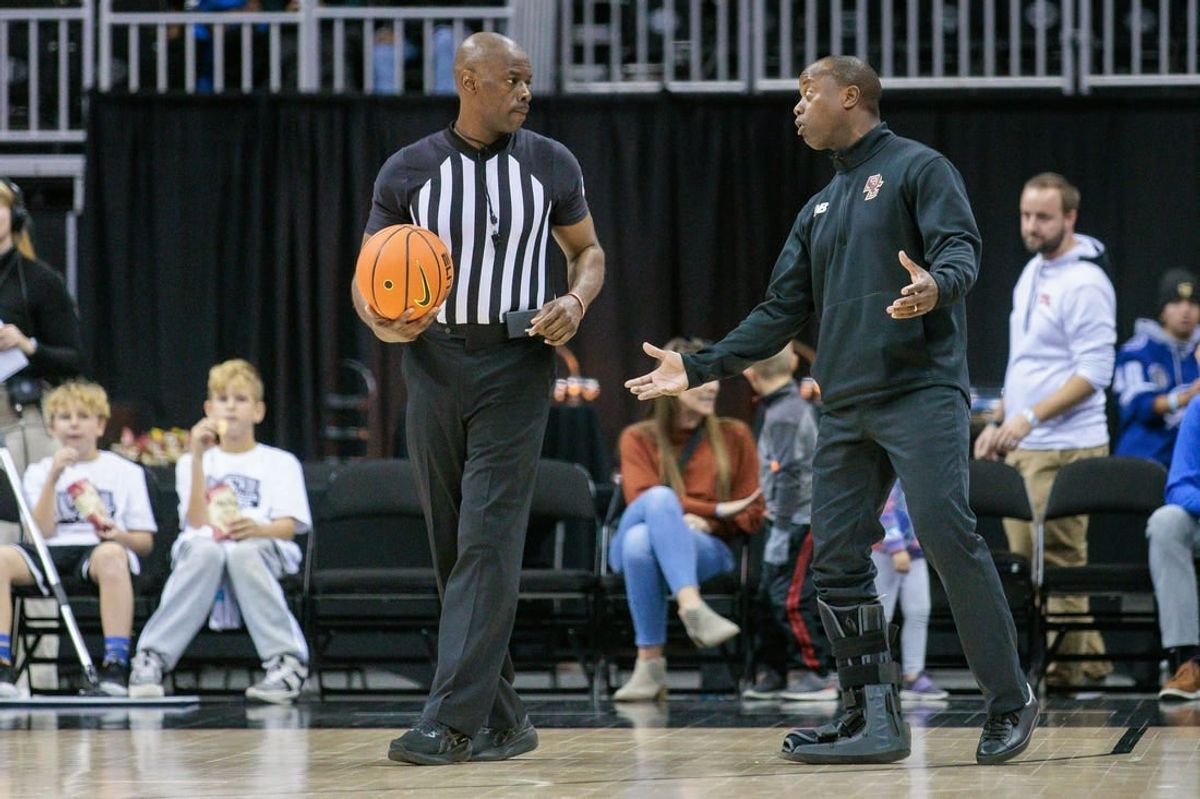 Nov 22, 2023; Kansas City, Missouri, USA; Boston College Eagles head coach Earl Grant speaks to the referee during the second half against the Colorado State Rams at T-Mobile Center.