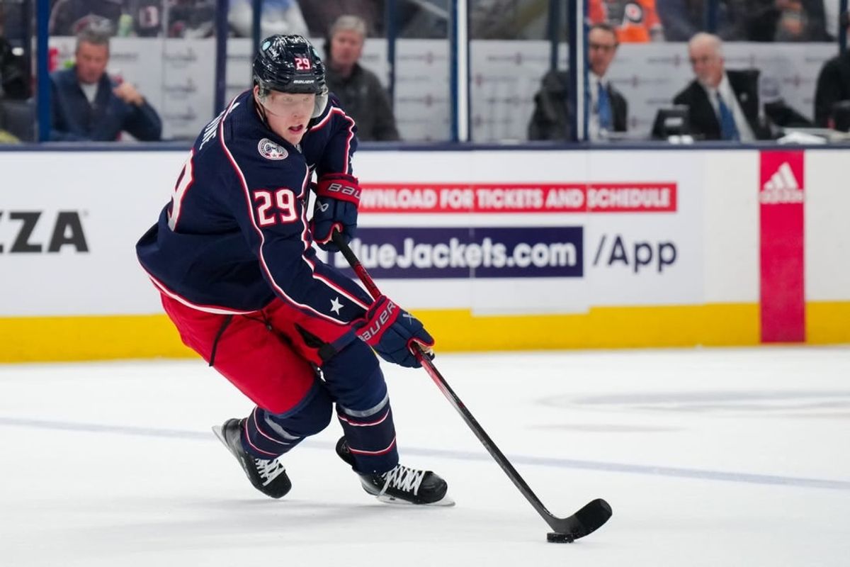 Oct 12, 2023; Columbus, Ohio, USA;  Columbus Blue Jackets right wing Patrik Laine (29) skates with the puck against the Philadelphia Flyers in the first period at Nationwide Arena.