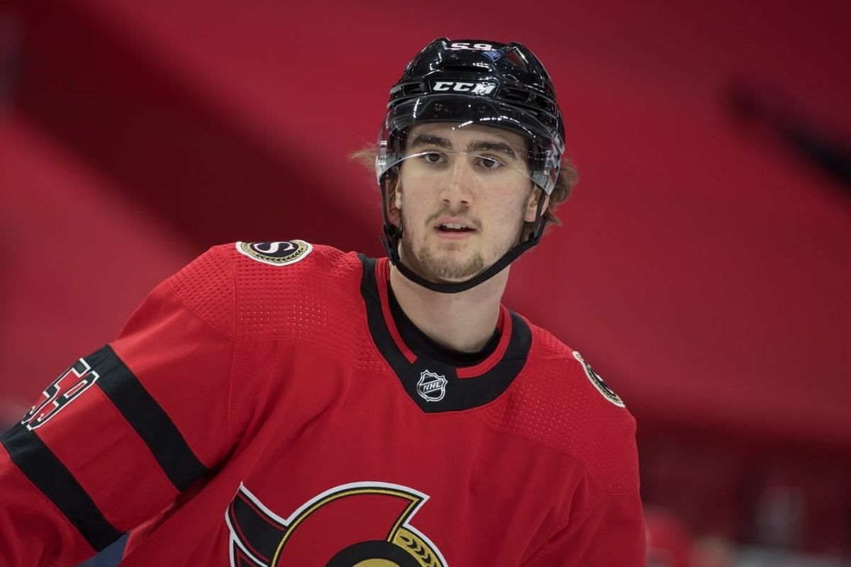 Mar 25, 2021; Ottawa, Ontario, CAN; Ottawa Senators left wing Alex Formenton (59) skates during warmup prior to game against the Toronto Maple Leafs at the Canadian Tire Centre.