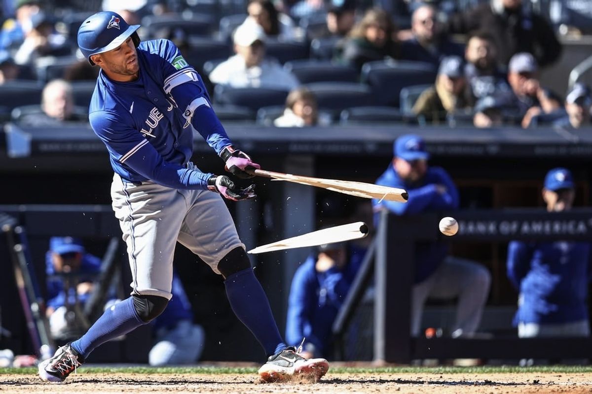 Apr 7, 2024; Bronx, New York, USA;  Toronto Blue Jays designated hitter George Springer (4) breaks his bat in the sixth inning against the New York Yankees at Yankee Stadium.