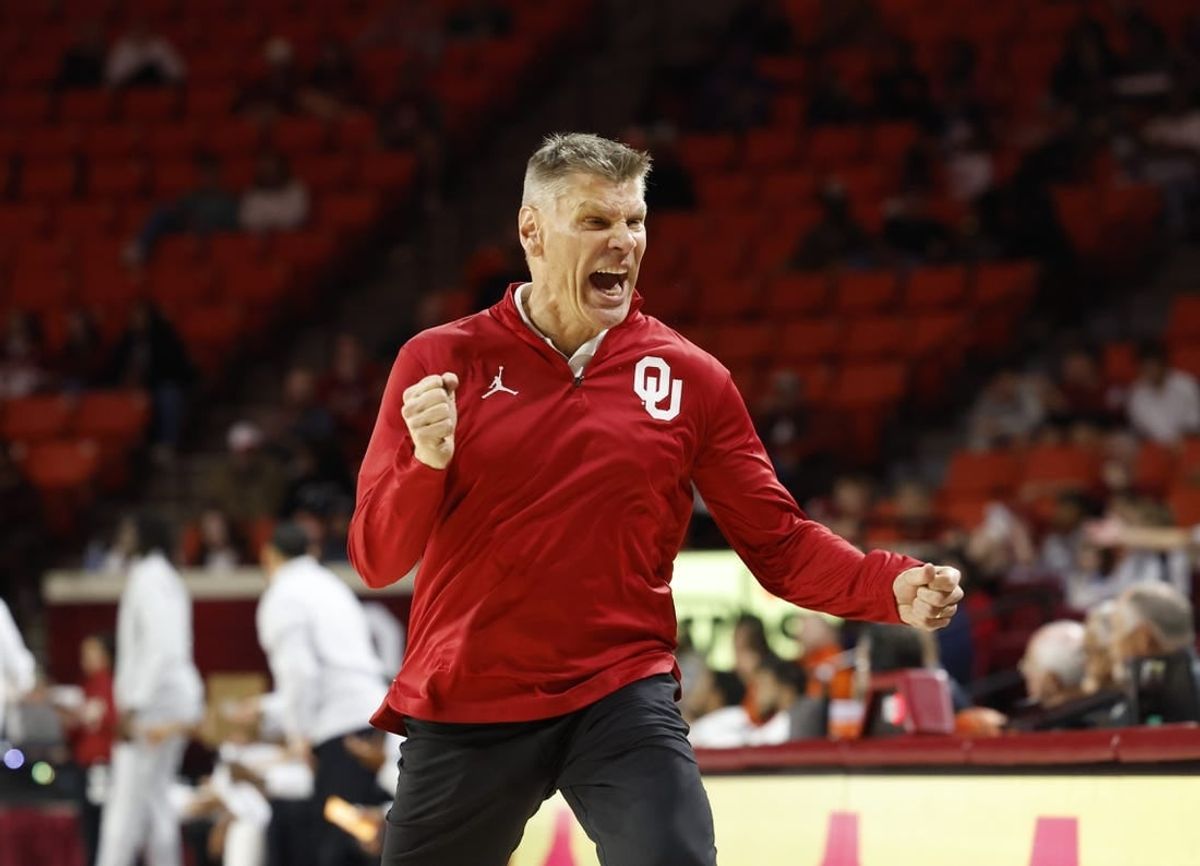 Nov 17, 2023; Norman, Oklahoma, USA; Oklahoma Sooners head coach Porter Moser reacts after his team scores against UT Rio Grande Valley Vaqueros during the second half at Lloyd Noble Center.
