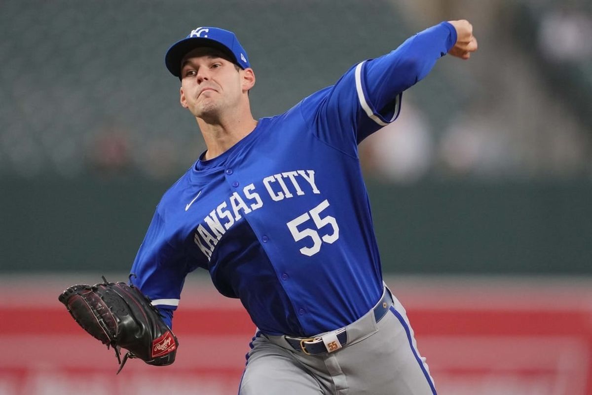 Apr 3, 2024; Baltimore, Maryland, USA; Kansas City Royals pitcher Cole Ragans (55) delivers in the second inning against the Baltimore Orioles at Oriole Park at Camden Yards.