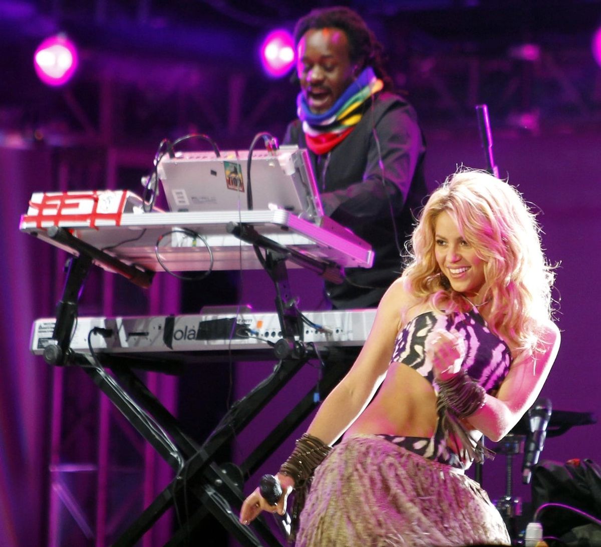 June 10, 2010; Johannesburg, SOUTH AFRICA; Recording artist Shakira performs during the 2010 World Cup kick off celebration concert at Orlando Stadium.  Mandatory Credit: Christian Ort/GEPA via Imagn Images