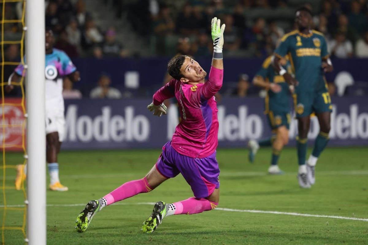 Sep 20, 2023; Carson, California, USA;  Los Angeles Galaxy goalkeeper Jonathan Bond (1) misses a save during the first half against Minnesota United FC at Dignity Health Sports Park.