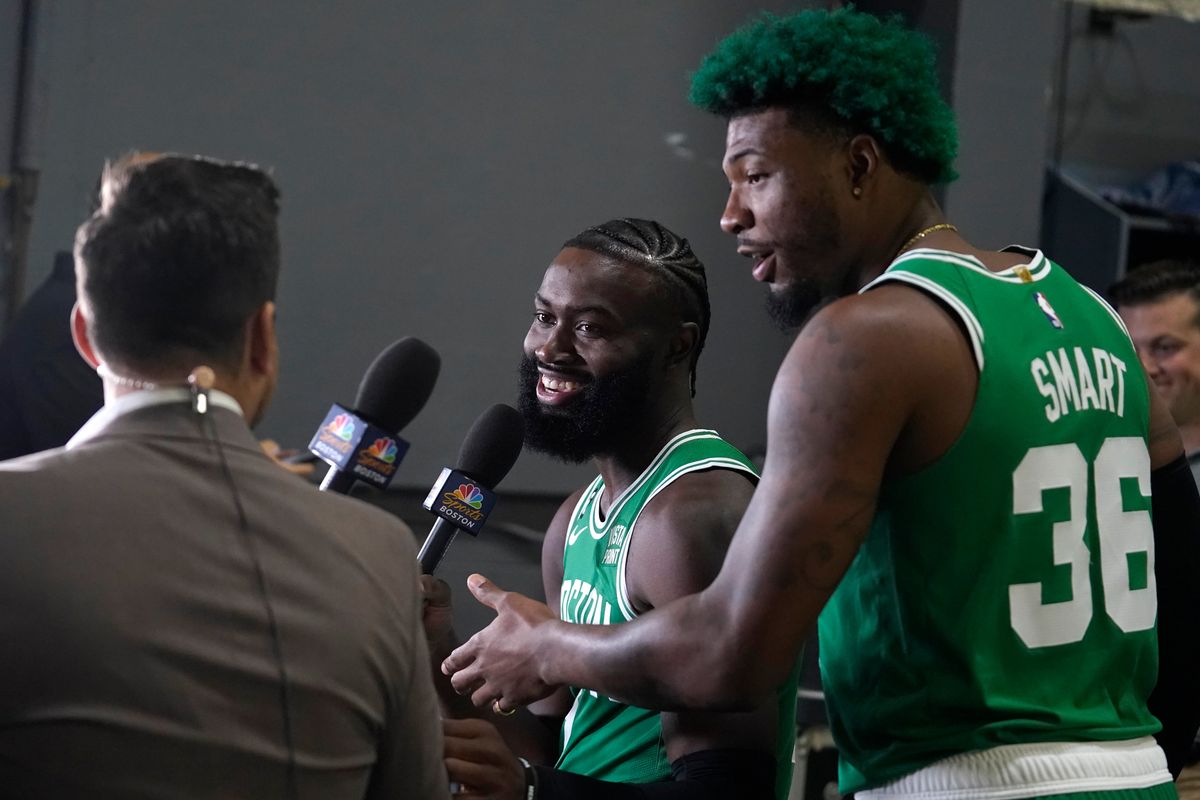 Jaylen Brown (left) and Marcus Smart