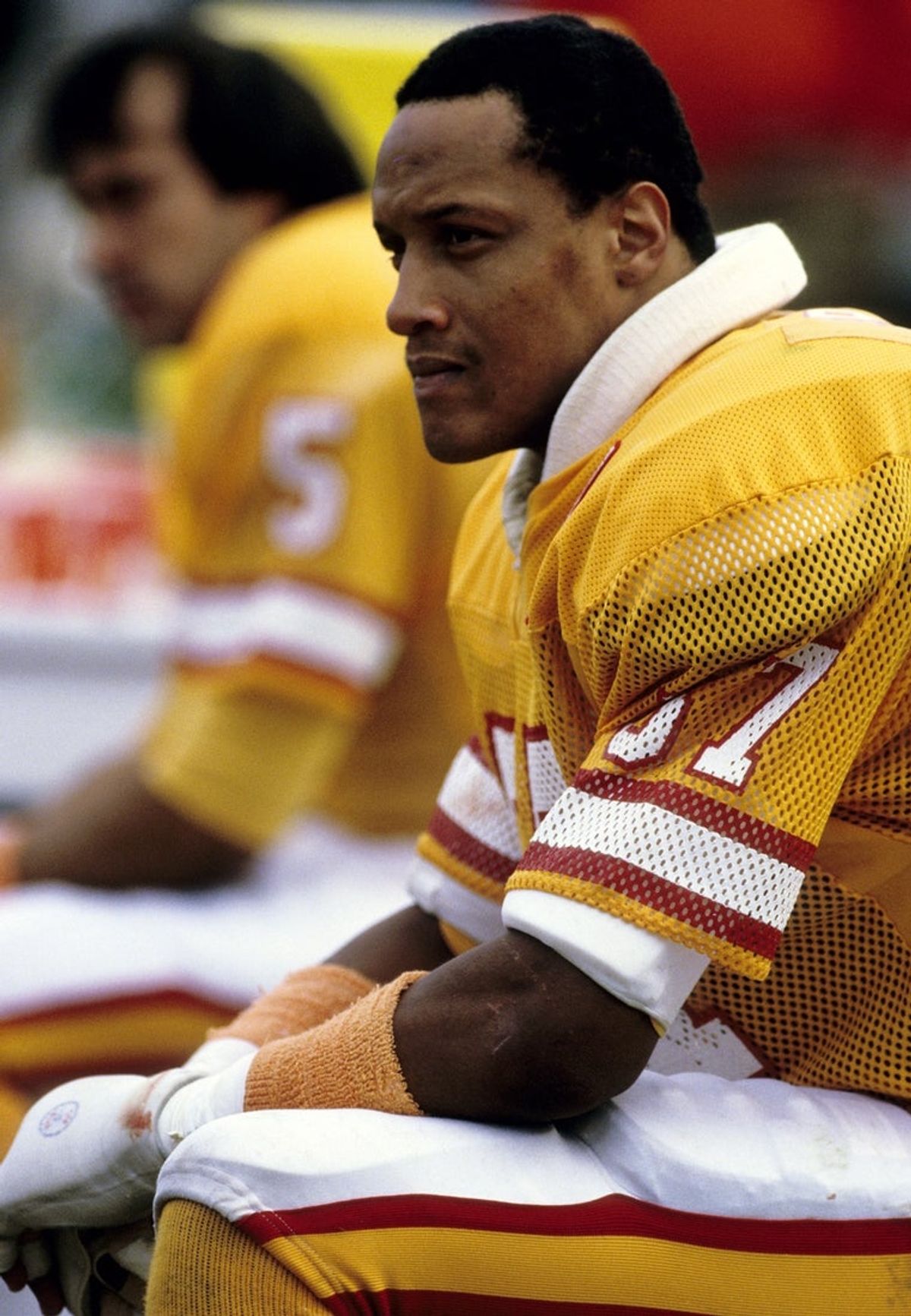 Dec 15, 1985; Tampa, FL, USA; FILE PHOTO;  Tampa Bay Buccaneers linebacker Keith Browner (57) on the bench against the Indianapolis Colts at Tampa Stadium. The Colts defeated the Bucs 31-23. Mandatory Credit: Imagn Images
