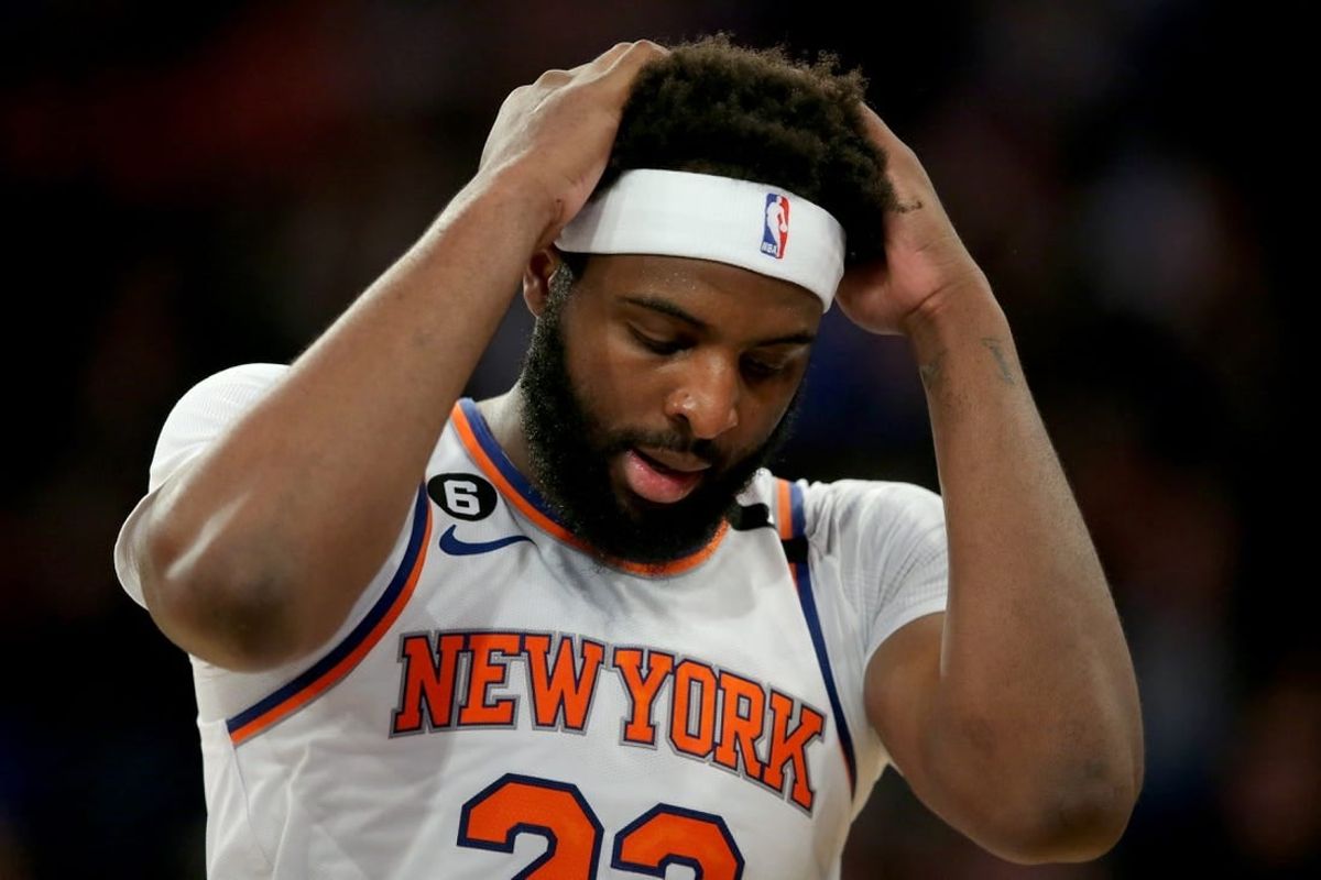 Apr 30, 2023; New York, New York, USA; New York Knicks center Mitchell Robinson (23) reacts during the second quarter of game one of the 2023 NBA Eastern Conference semifinal playoffs against the Miami Heat at Madison Square Garden.