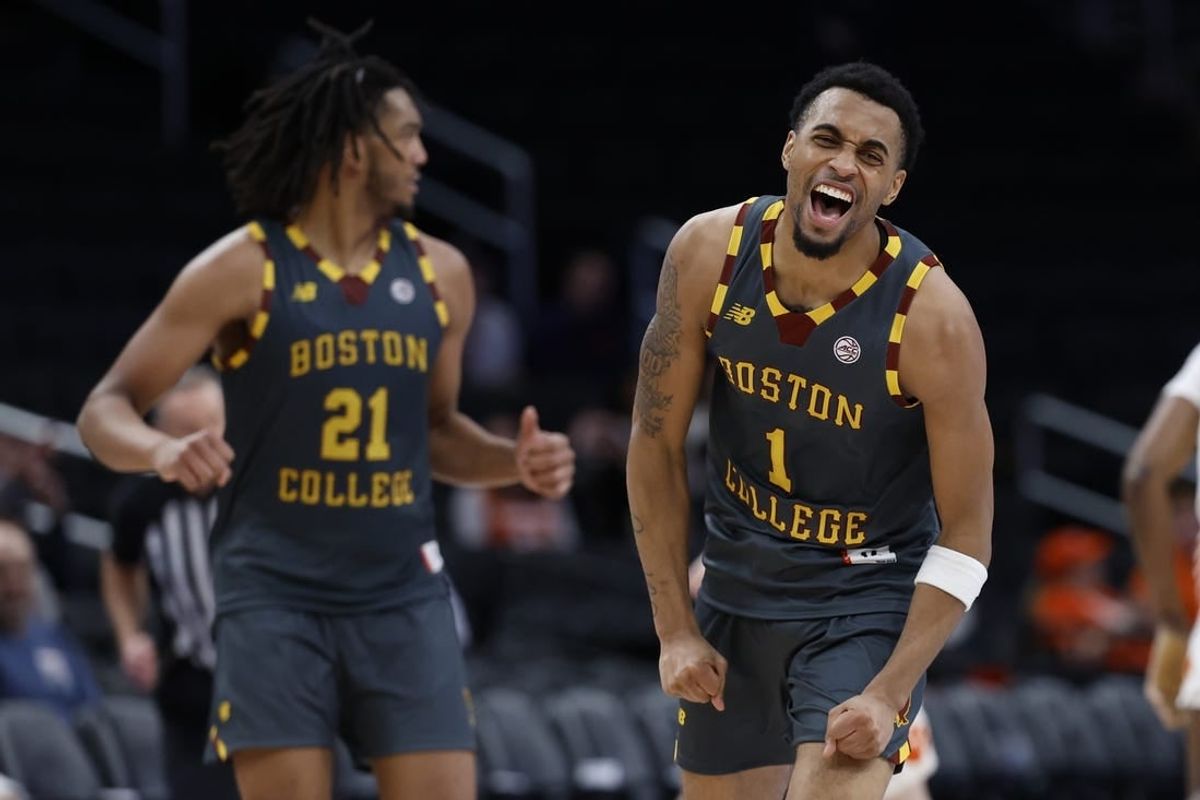 Mar 13, 2024; Washington, D.C., USA; Boston College Eagles guard Claudell Harris Jr. (1) celebrates after making a three point field goal against the Clemson Tigers in the second half at Capital One Arena.