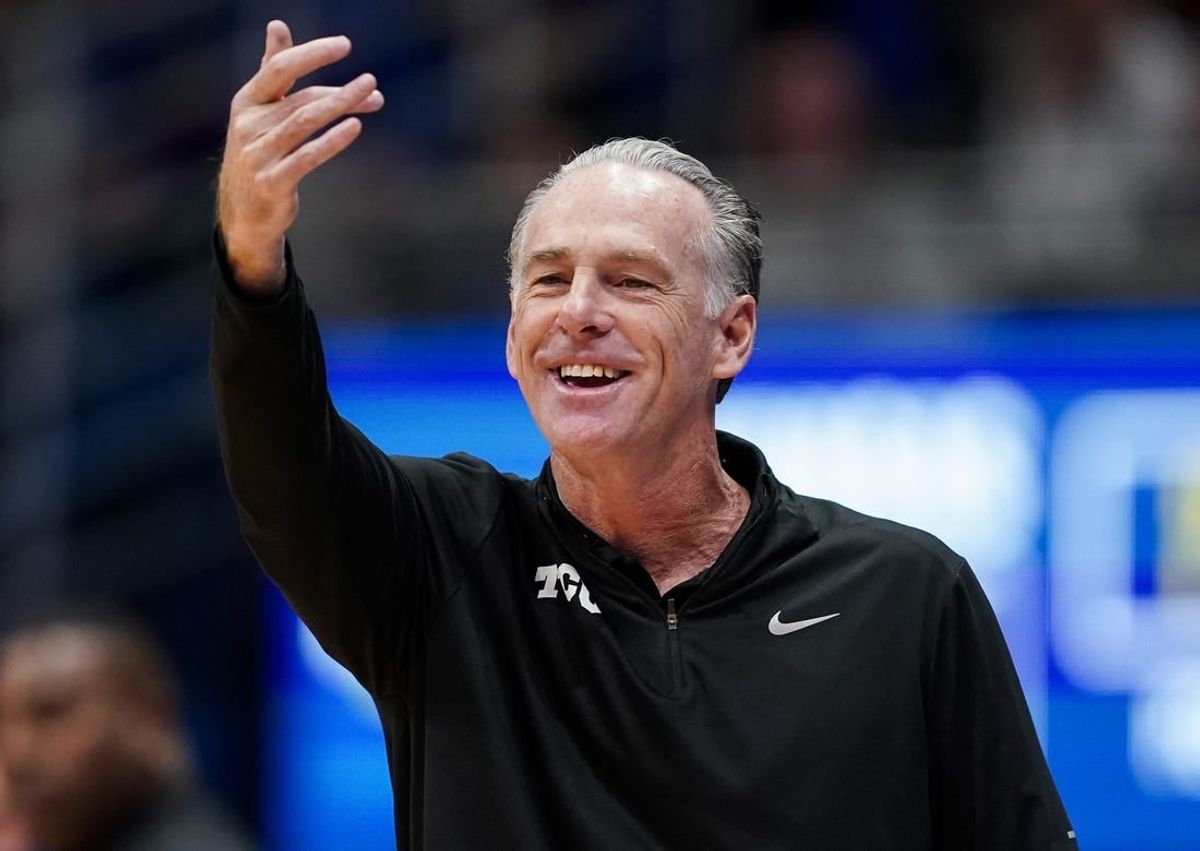 Jan 6, 2024; Lawrence, Kansas, USA; TCU Horned Frogs head coach Jamie Dixon reacts during the first half against the TCU Horned Frogs at Allen Fieldhouse.